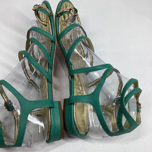 CHANEL Interlocking CC Logo Leather Gladiator Sandals Green Size EU 39.5 8.5US - Picture 12 of 17